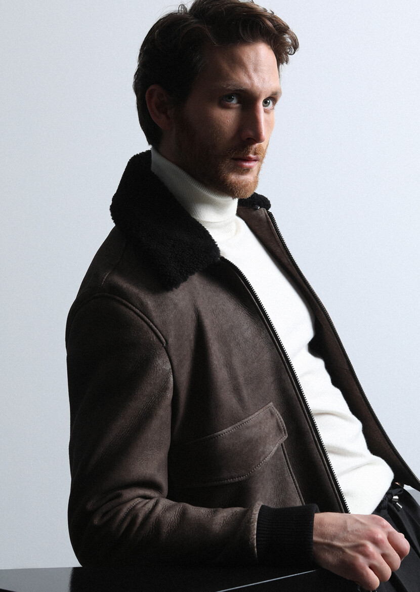 Brown Regular Fit Shirt Collar Casual Leather Leather Coat - 1