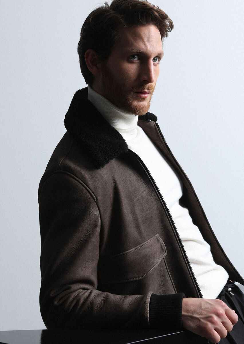 Brown Regular Fit Shirt Collar Casual Leather Leather Coat - 1