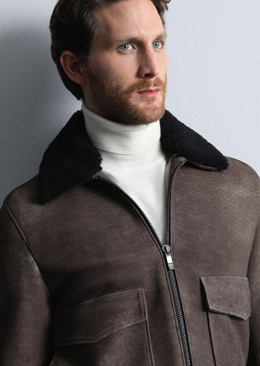 Brown Regular Fit Shirt Collar Casual Leather Leather Coat - 2