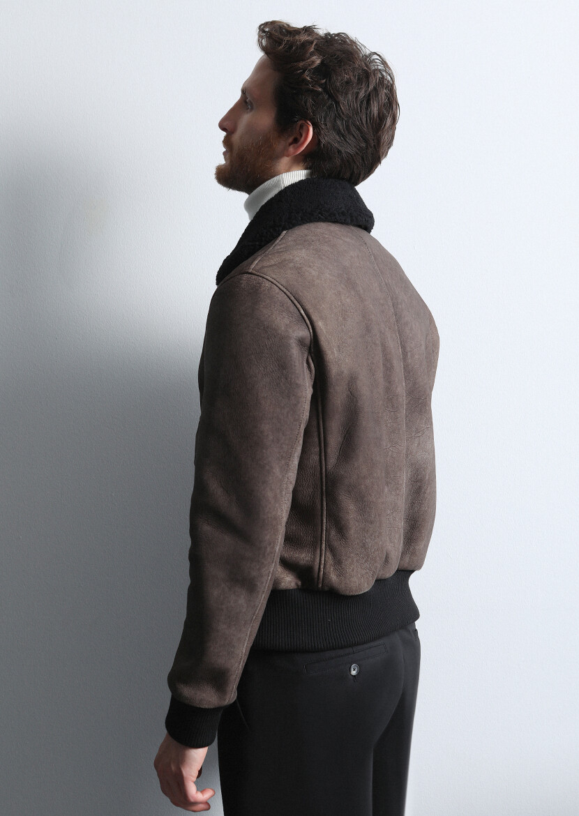 Brown Regular Fit Shirt Collar Casual Leather Leather Coat - 5