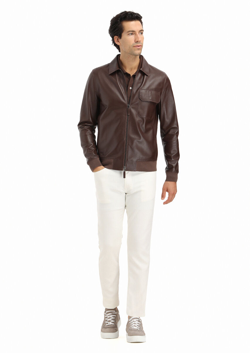 Brown Regular Fit Shirt Collar Casual Leather Leather Coat - 1