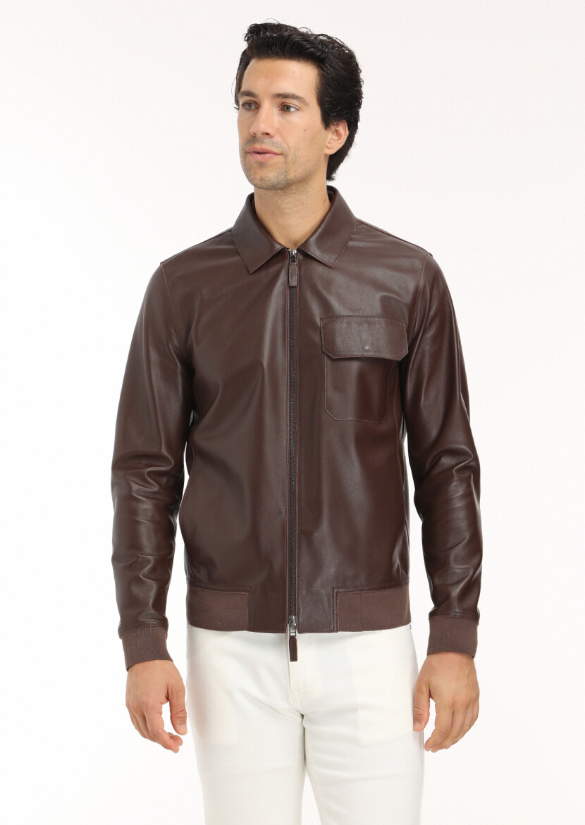 Brown Regular Fit Shirt Collar Casual Leather Leather Coat - 3