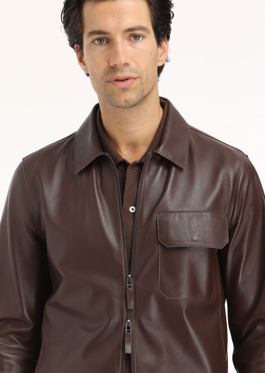 Brown Regular Fit Shirt Collar Casual Leather Leather Coat - 4