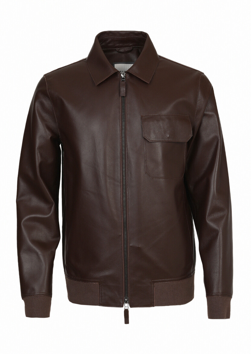 Brown Regular Fit Shirt Collar Casual Leather Leather Coat - 6