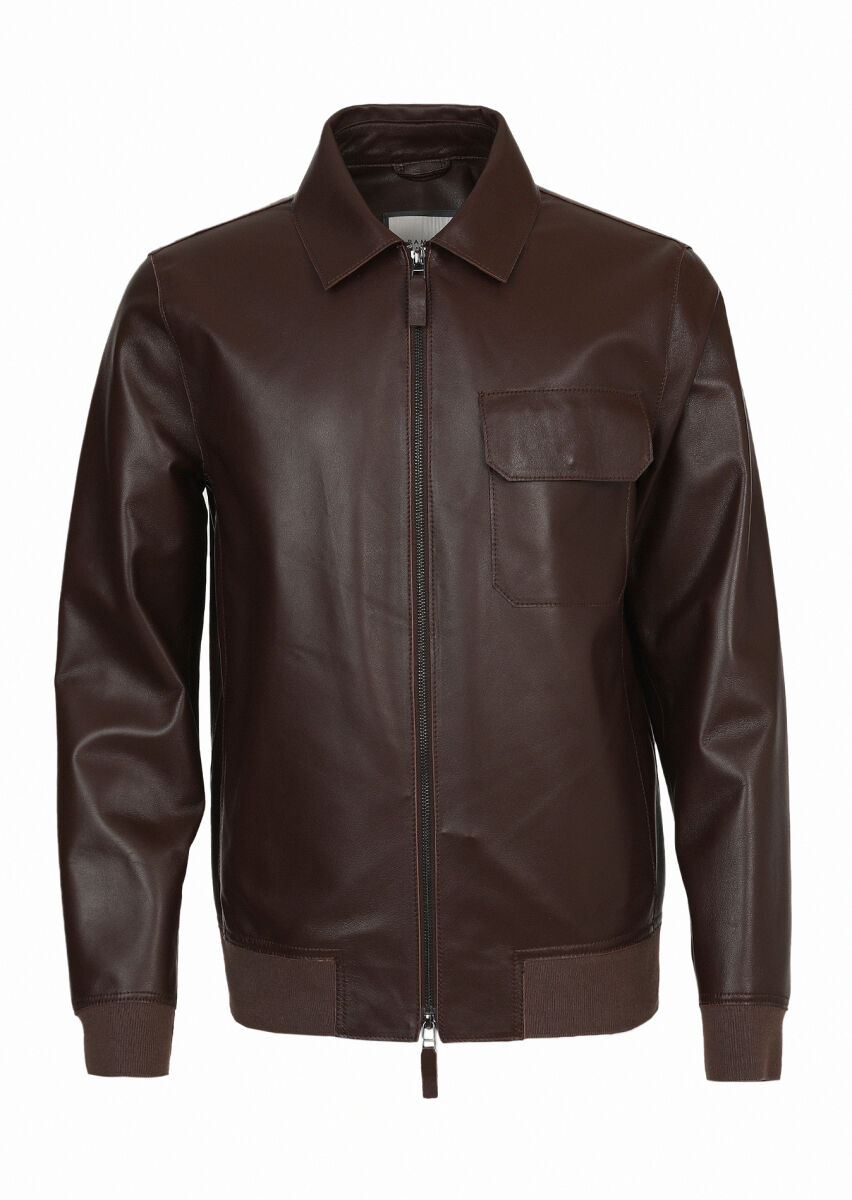 Brown Regular Fit Shirt Collar Casual Leather Leather Coat - 6