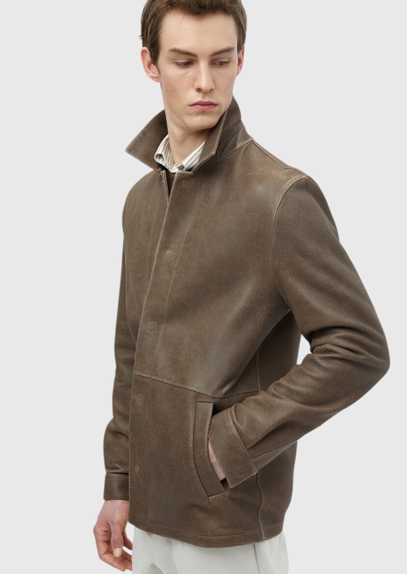 Brown Regular Fit Shirt Collar Casual Leather Leather Coat - 4