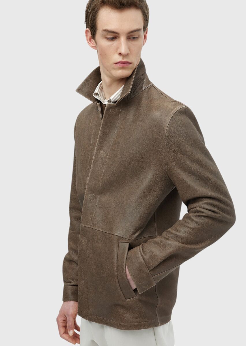 Brown Regular Fit Shirt Collar Casual Leather Leather Coat - 4