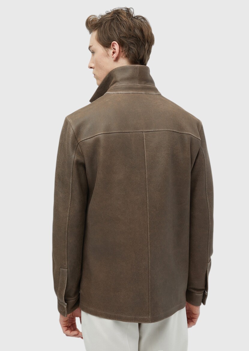 Brown Regular Fit Shirt Collar Casual Leather Leather Coat - 8