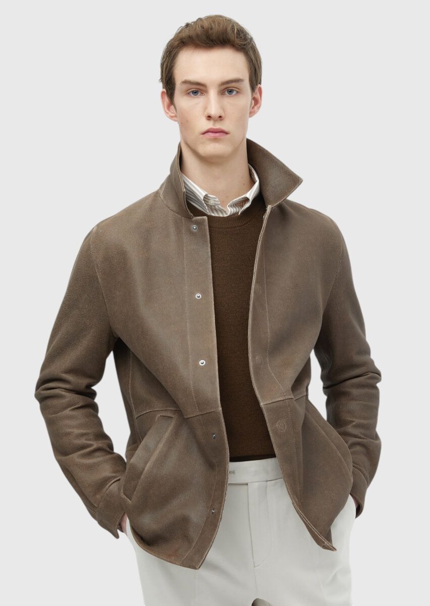 Brown Regular Fit Shirt Collar Casual Leather Leather Coat - 1