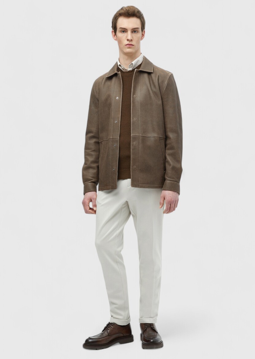 Brown Regular Fit Shirt Collar Casual Leather Leather Coat - RAMSEY