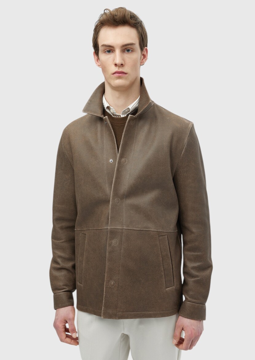 Brown Regular Fit Shirt Collar Casual Leather Leather Coat - 3