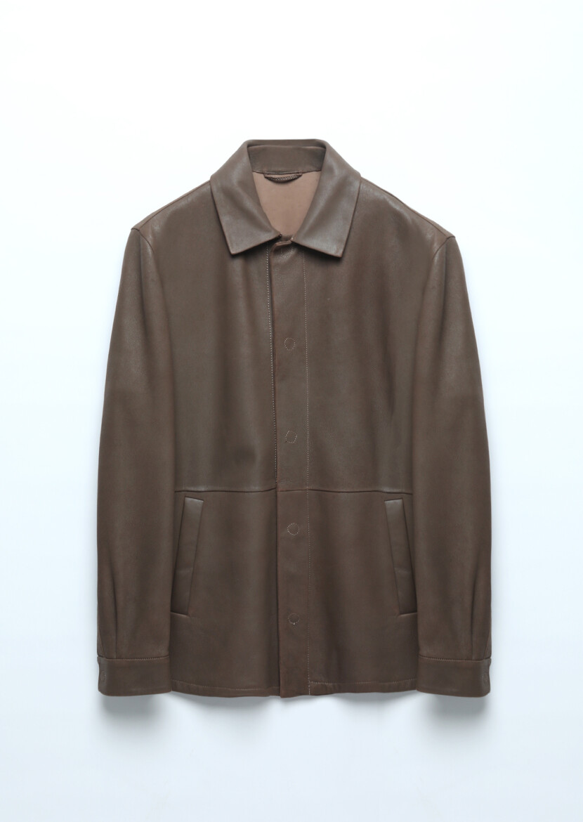 Brown Regular Fit Shirt Collar Casual Leather Leather Coat - 9