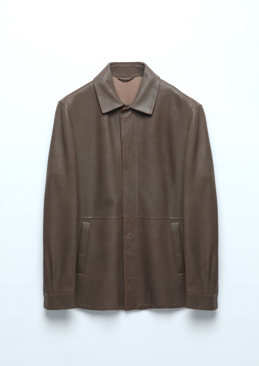 Brown Regular Fit Shirt Collar Casual Leather Leather Coat - 9