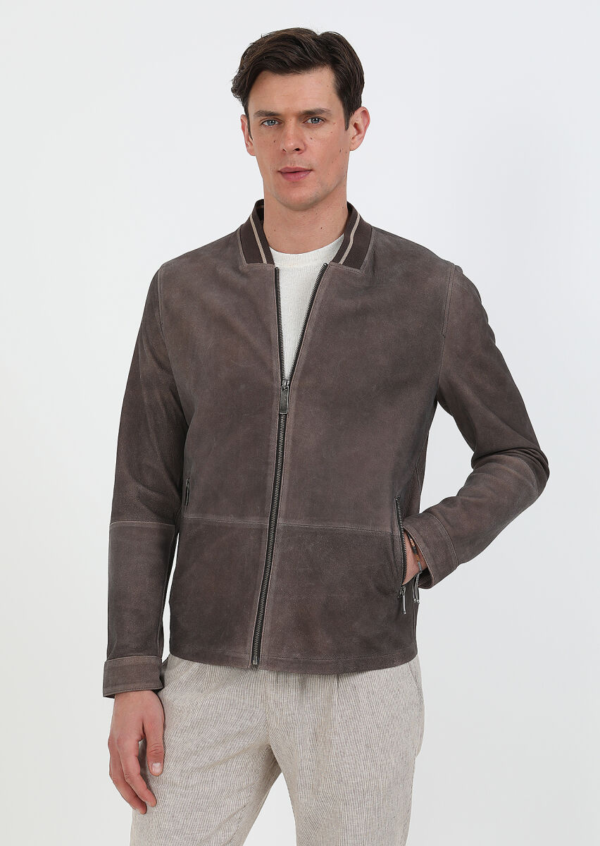 Brown Regular Fit Turtleneck Casual Leather Leather Coat - 2