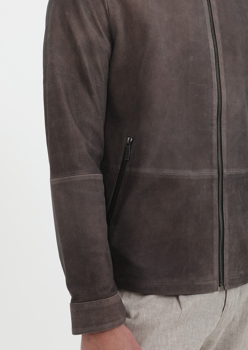 Brown Regular Fit Turtleneck Casual Leather Leather Coat - 4
