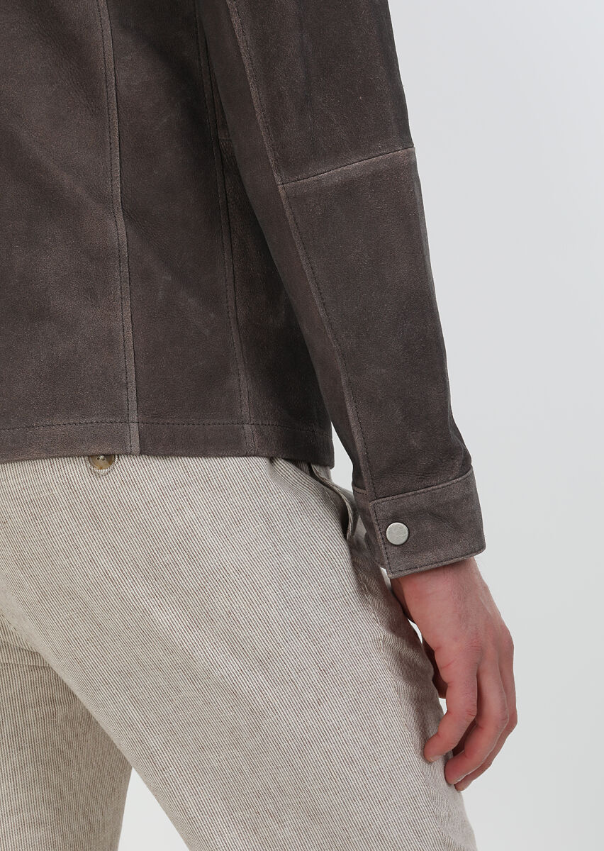 Brown Regular Fit Turtleneck Casual Leather Leather Coat - 5