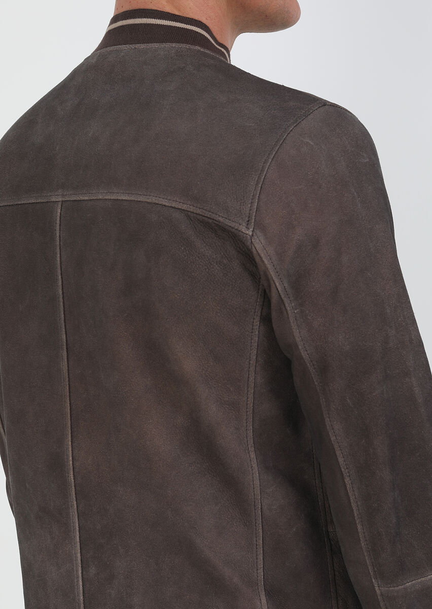 Brown Regular Fit Turtleneck Casual Leather Leather Coat - 6