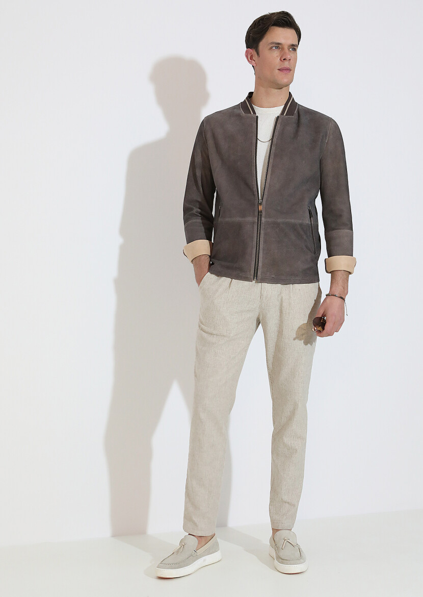 Brown Regular Fit Turtleneck Casual Leather Leather Coat - 7