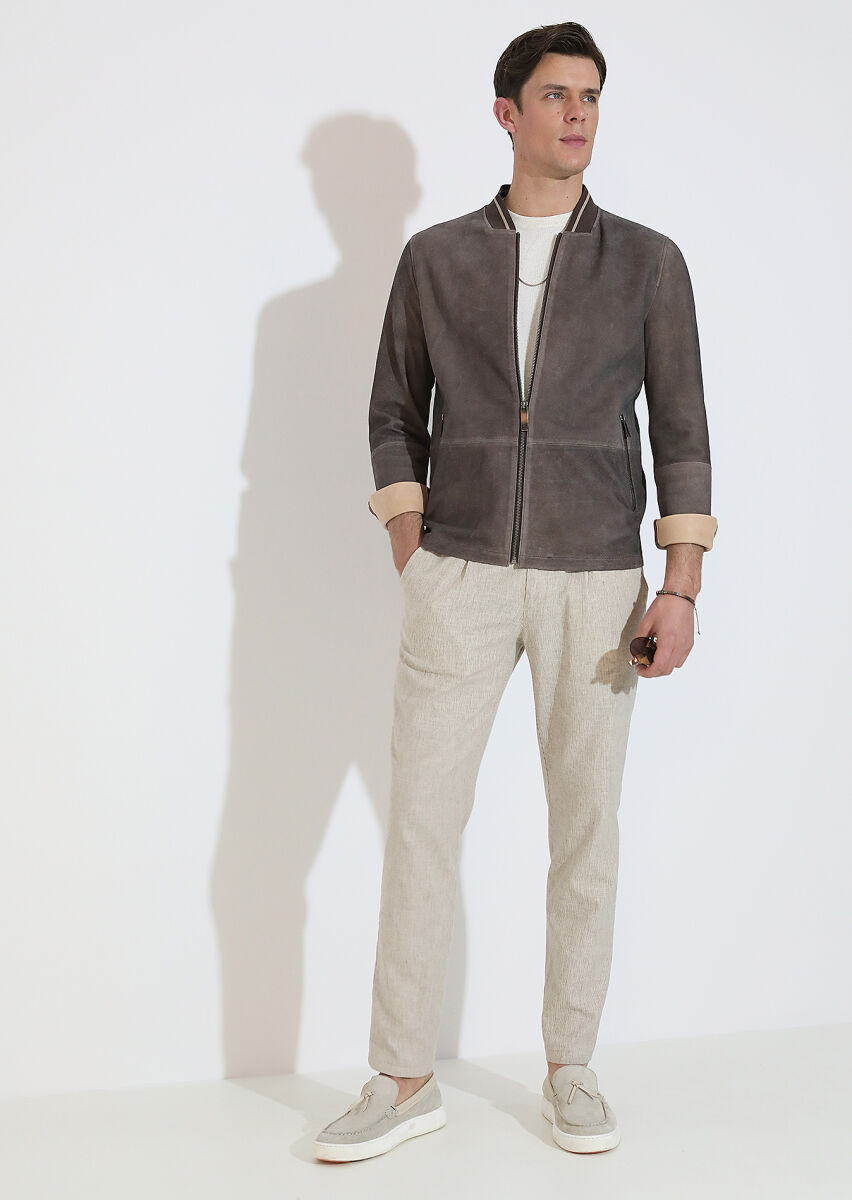 Brown Regular Fit Turtleneck Casual Leather Leather Coat - 7