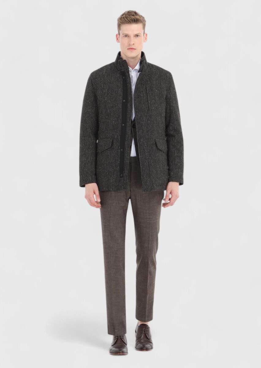 Brown Regular Fit Turtleneck Casual Weaving Coat - 1