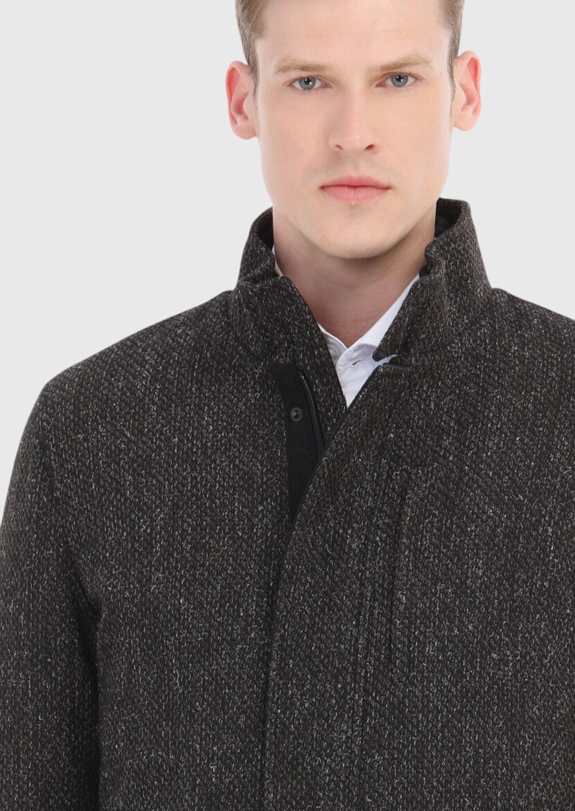 Brown Regular Fit Turtleneck Casual Weaving Coat - 4