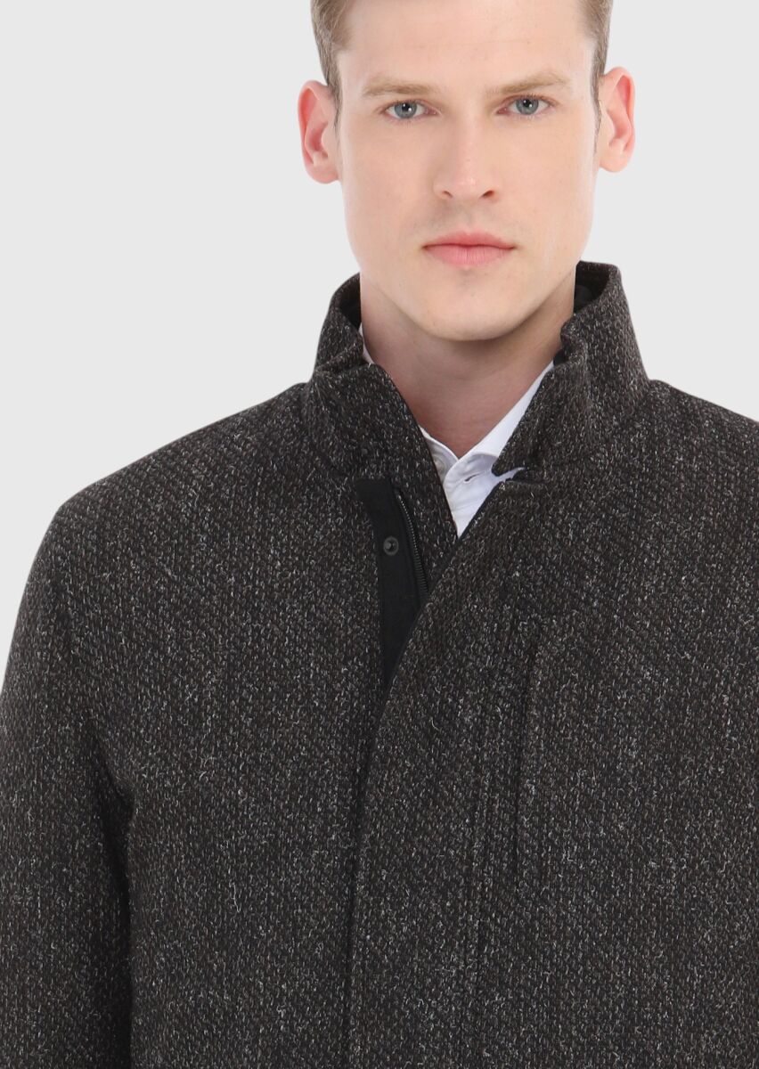 Brown Regular Fit Turtleneck Casual Weaving Coat - 4