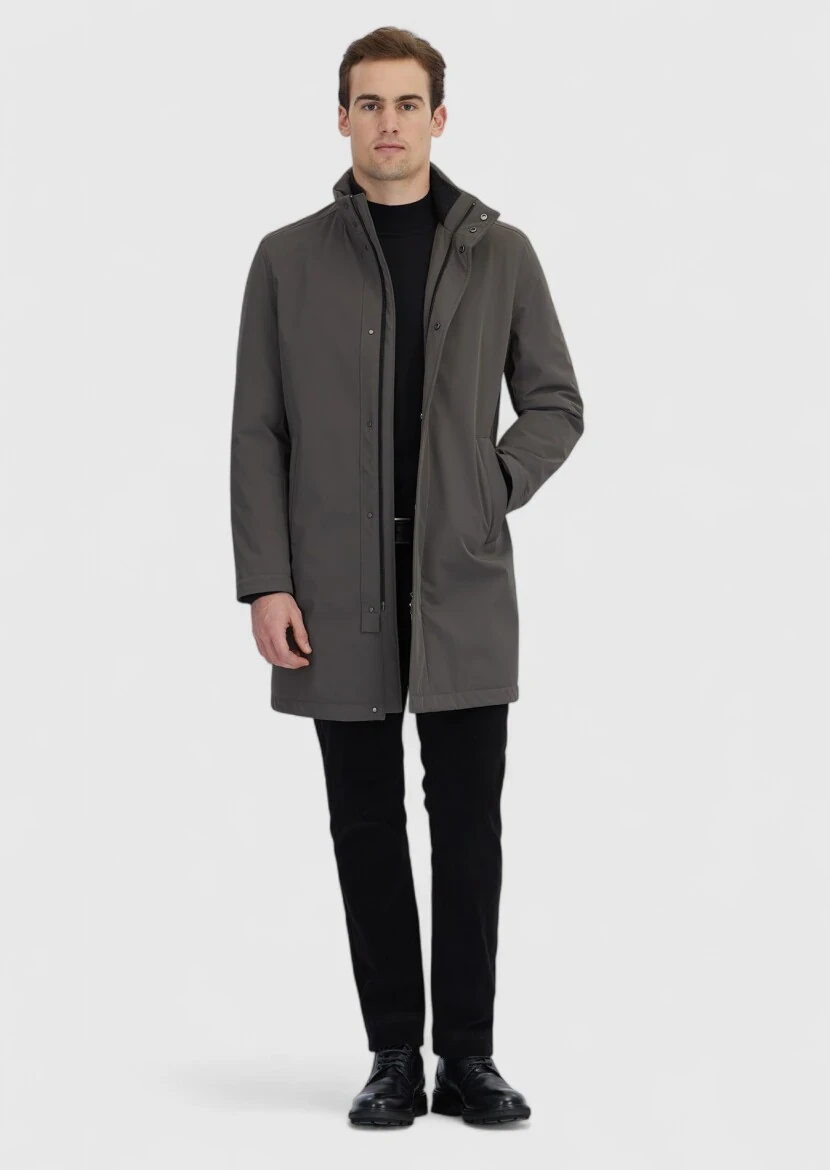 Brown Regular Fit Turtleneck Casual Weaving Coat - 2