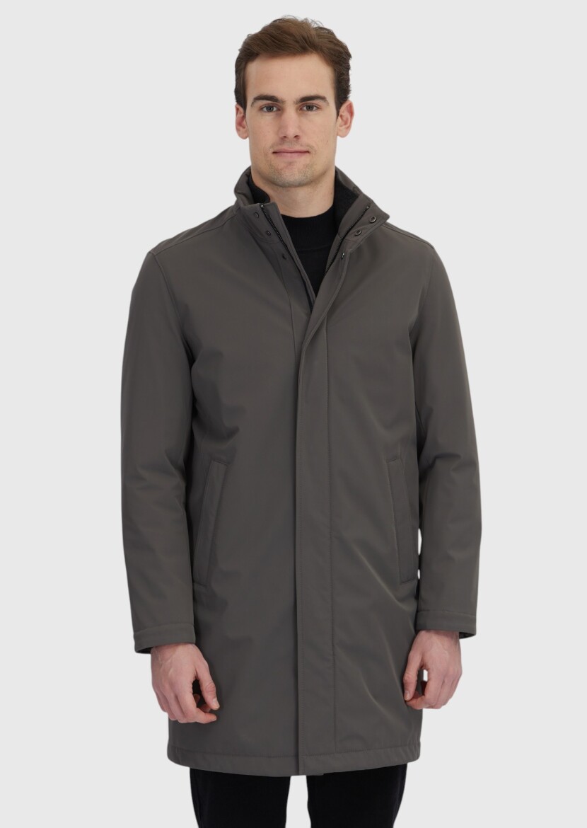 Brown Regular Fit Turtleneck Casual Weaving Coat - 3