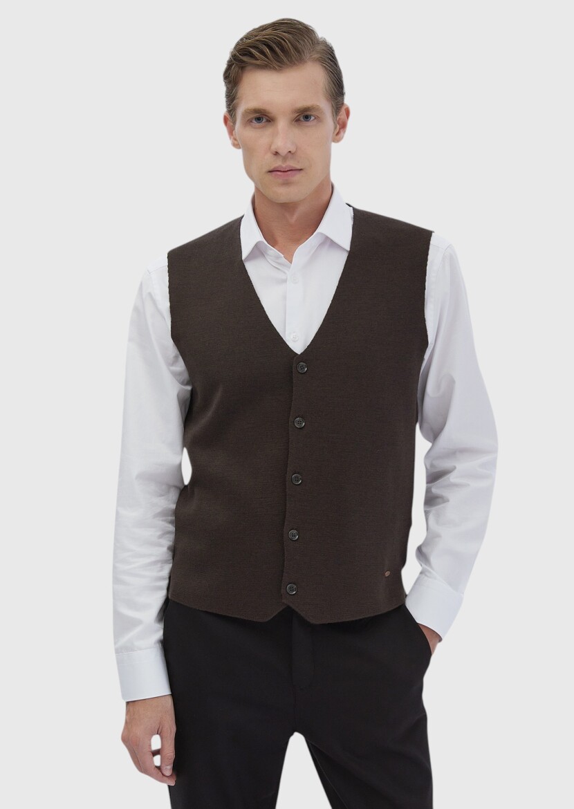 Brown Regular Fit V-Neck Casual Knitting Knit Vest - RAMSEY