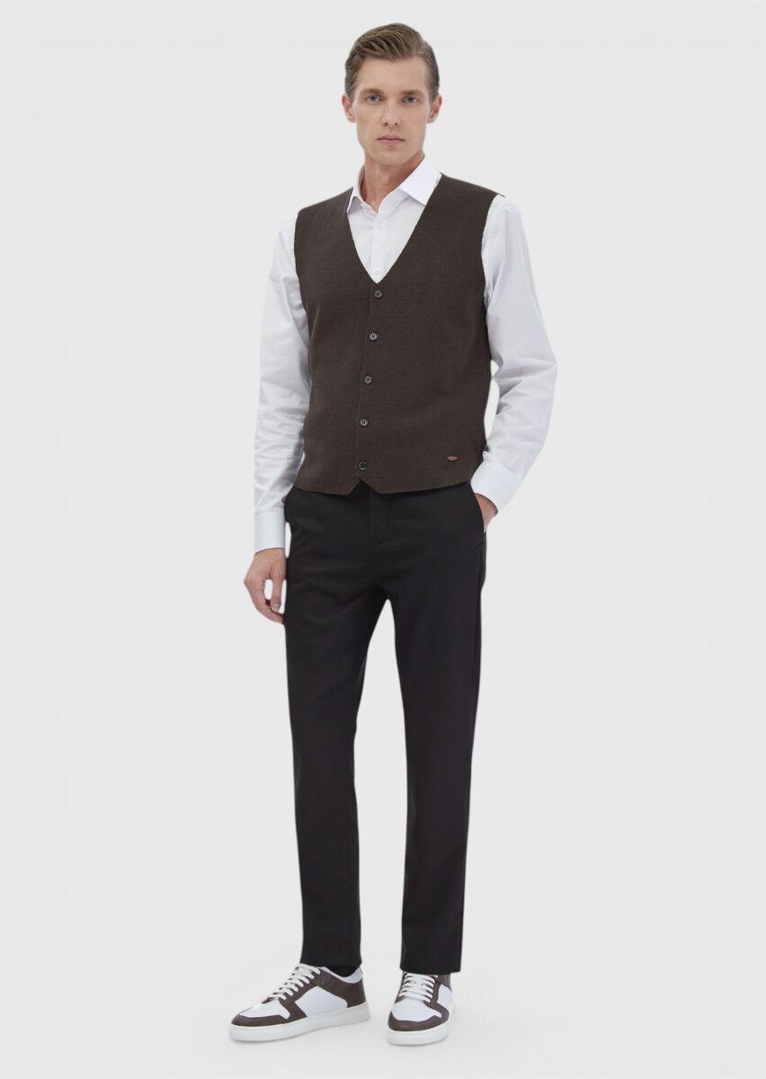 Brown Regular Fit V-Neck Casual Knitting Knit Vest - 2