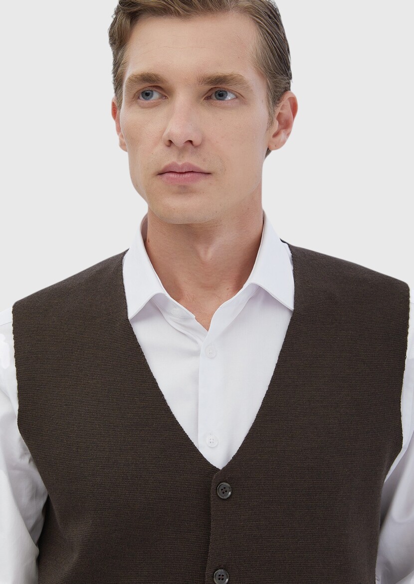 Brown Regular Fit V-Neck Casual Knitting Knit Vest - 3