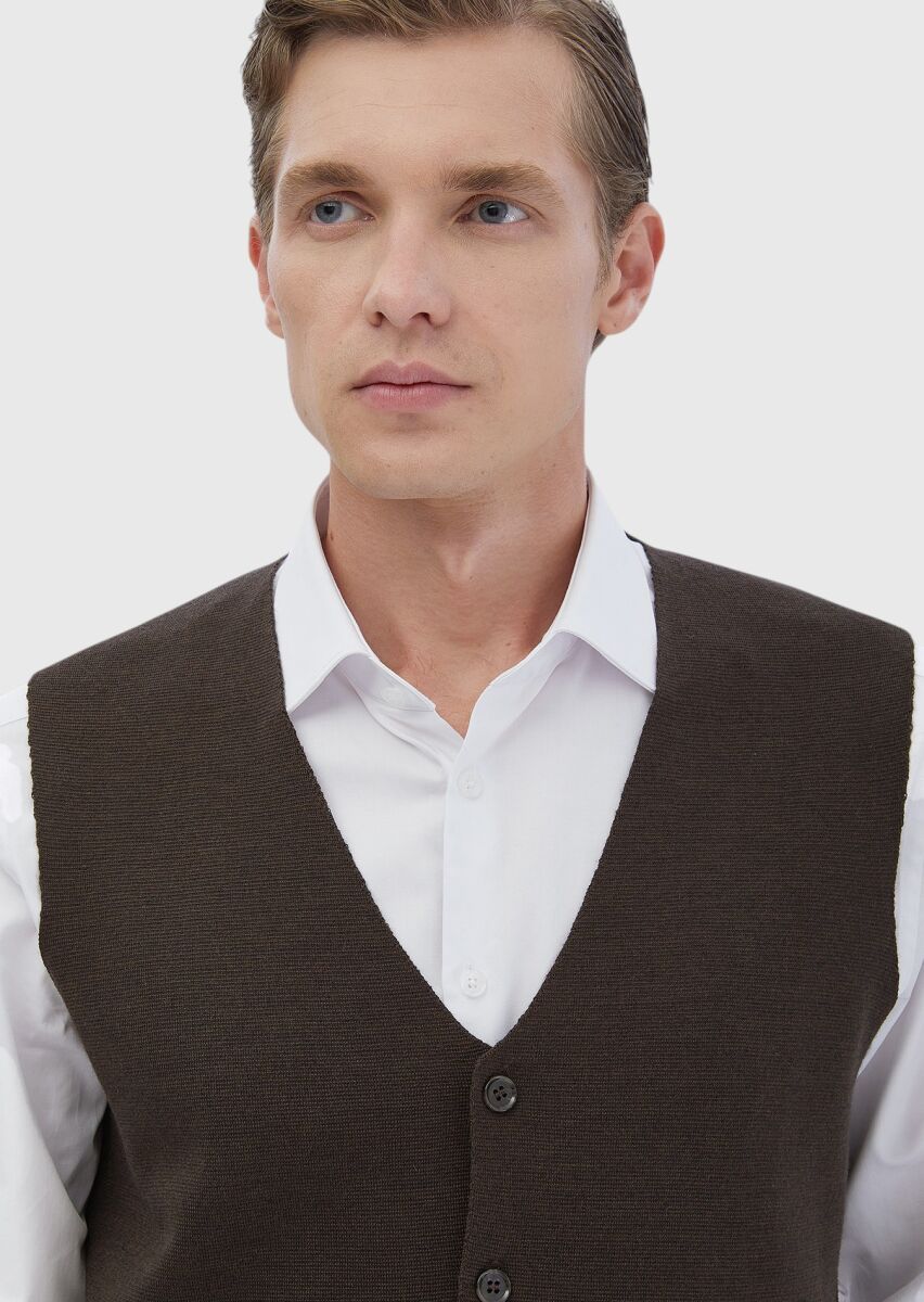 Brown Regular Fit V-Neck Casual Knitting Knit Vest - 3
