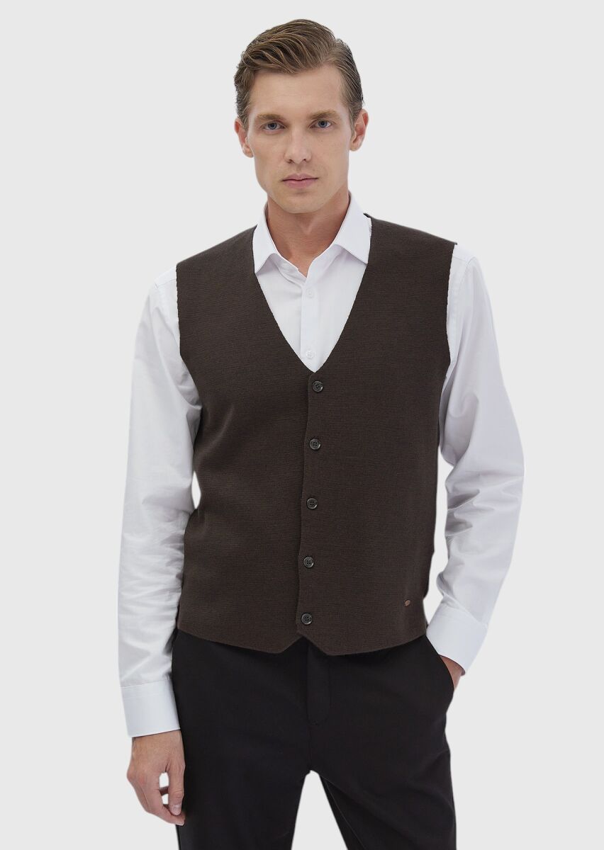 Brown Regular Fit V-Neck Casual Knitting Knit Vest - 1