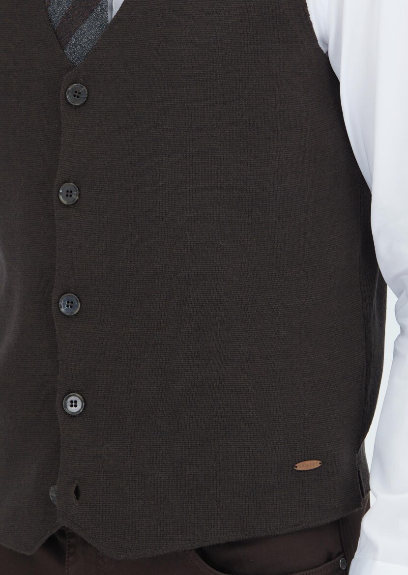 Brown Regular Fit V-Neck Casual Knitting Knit Vest - 3