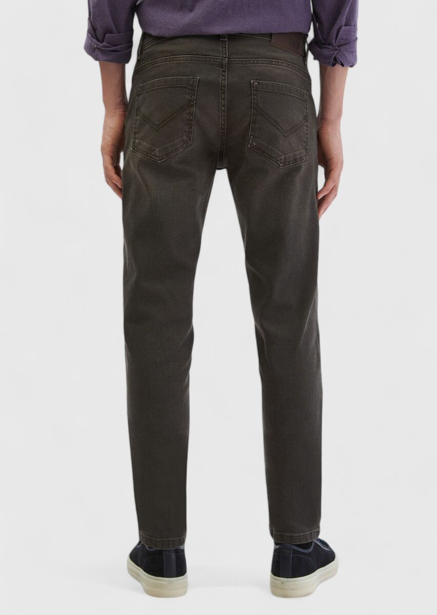 Brown Slim Fit Denim Cotton Blended Trousers - 5