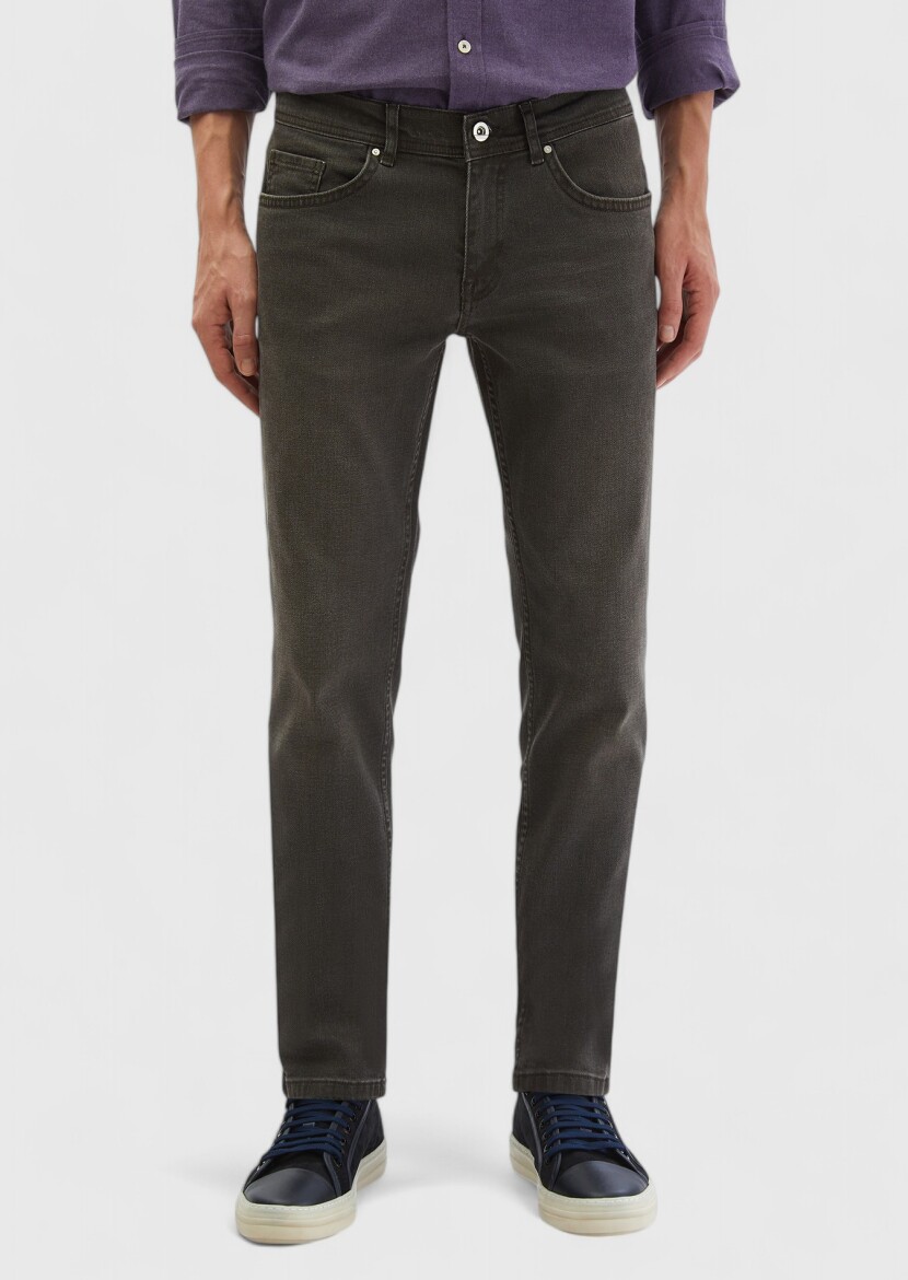 Brown Slim Fit Denim Cotton Blended Trousers - 2