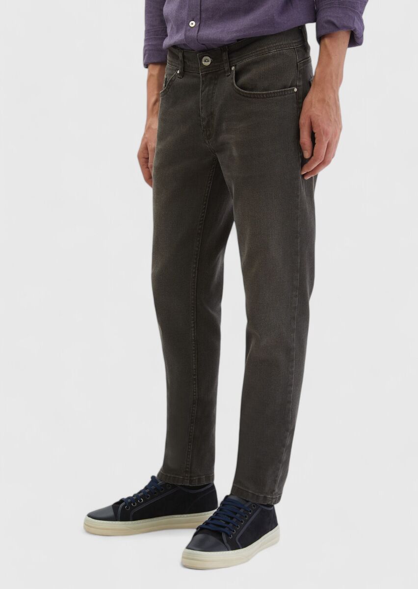 Brown Slim Fit Denim Cotton Blended Trousers - 3