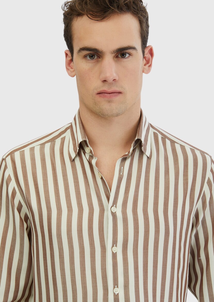 Brown Striped Casual Fit Long Weaving Casual Shirt - 3