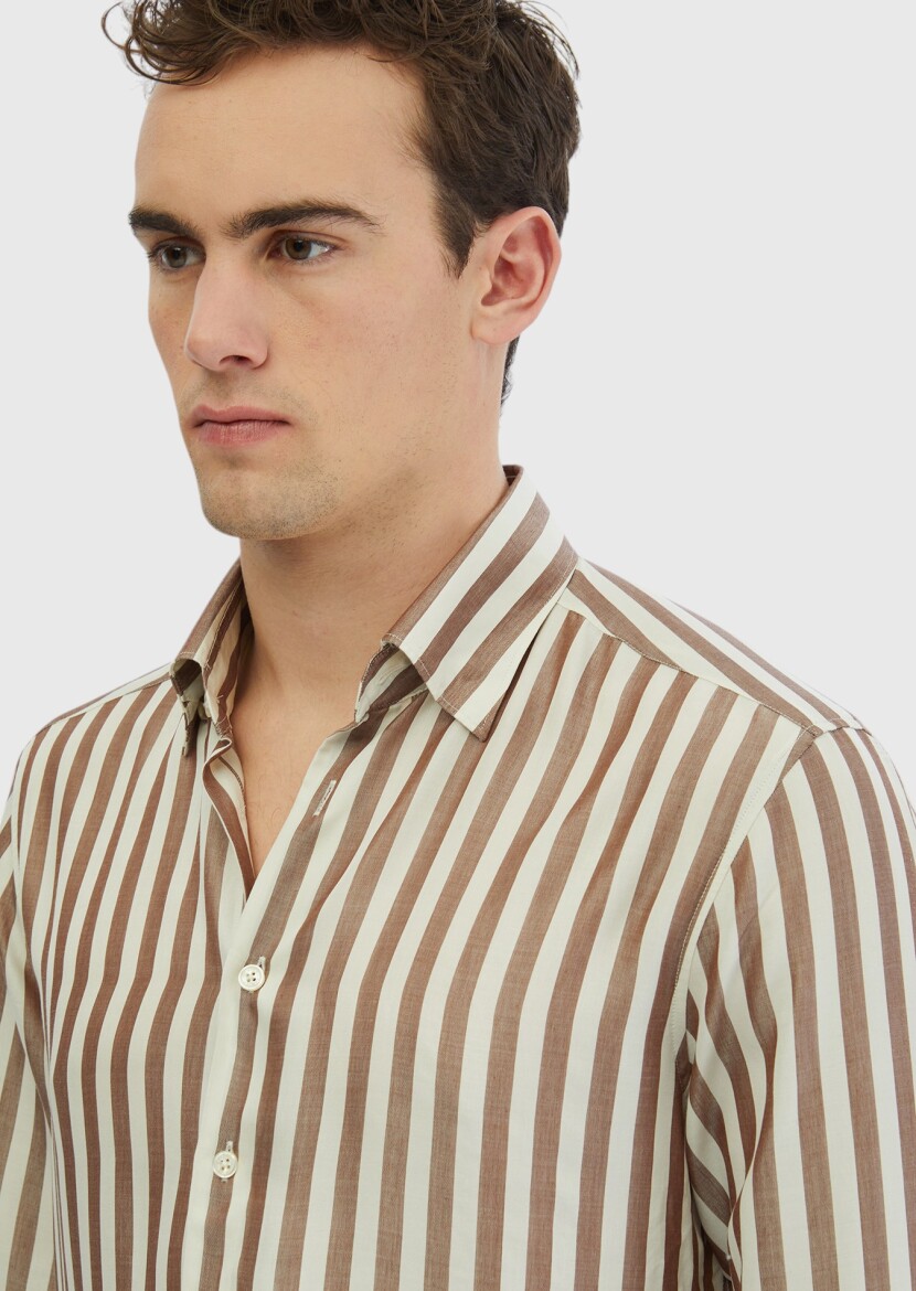 Brown Striped Casual Fit Long Weaving Casual Shirt - 4