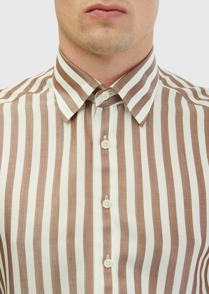 Brown Striped Casual Fit Long Weaving Casual Shirt - 5