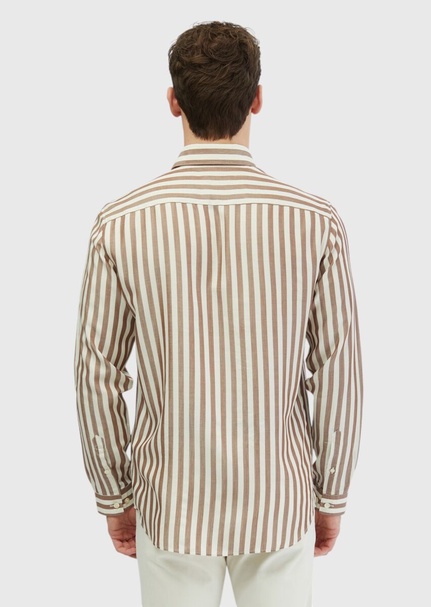 Brown Striped Casual Fit Long Weaving Casual Shirt - 6