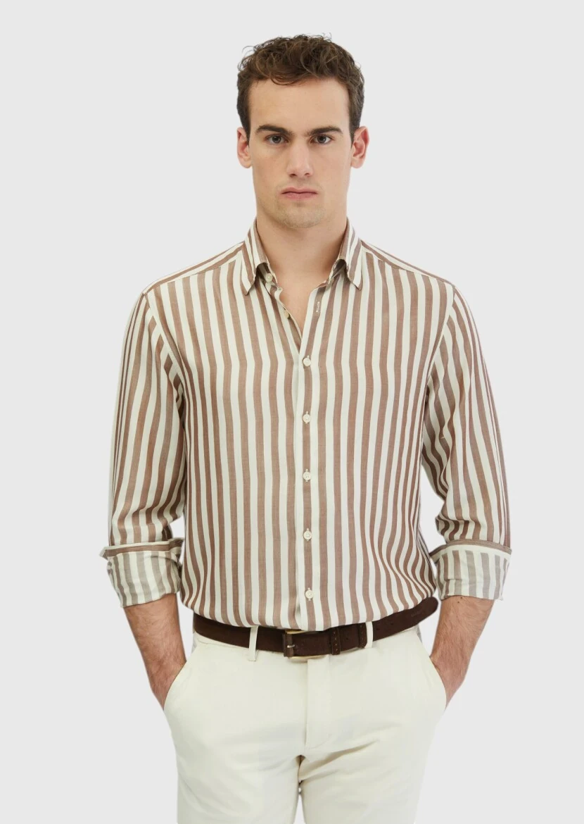 Brown Striped Casual Fit Weaving Casual Shirt - 1