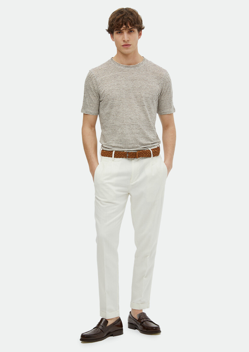 Brown Striped Crew Neck 100% Linen T-Shirt 