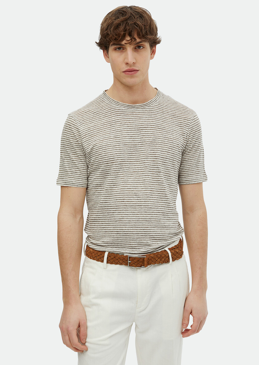 Brown Striped Crew Neck 100% Linen T-Shirt 