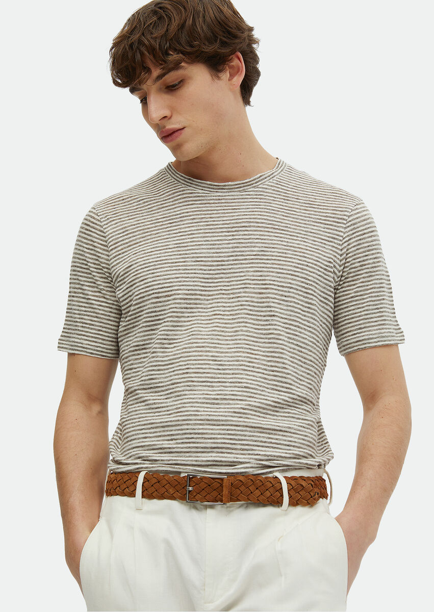 Brown Striped Crew Neck 100% Linen T-Shirt - 3