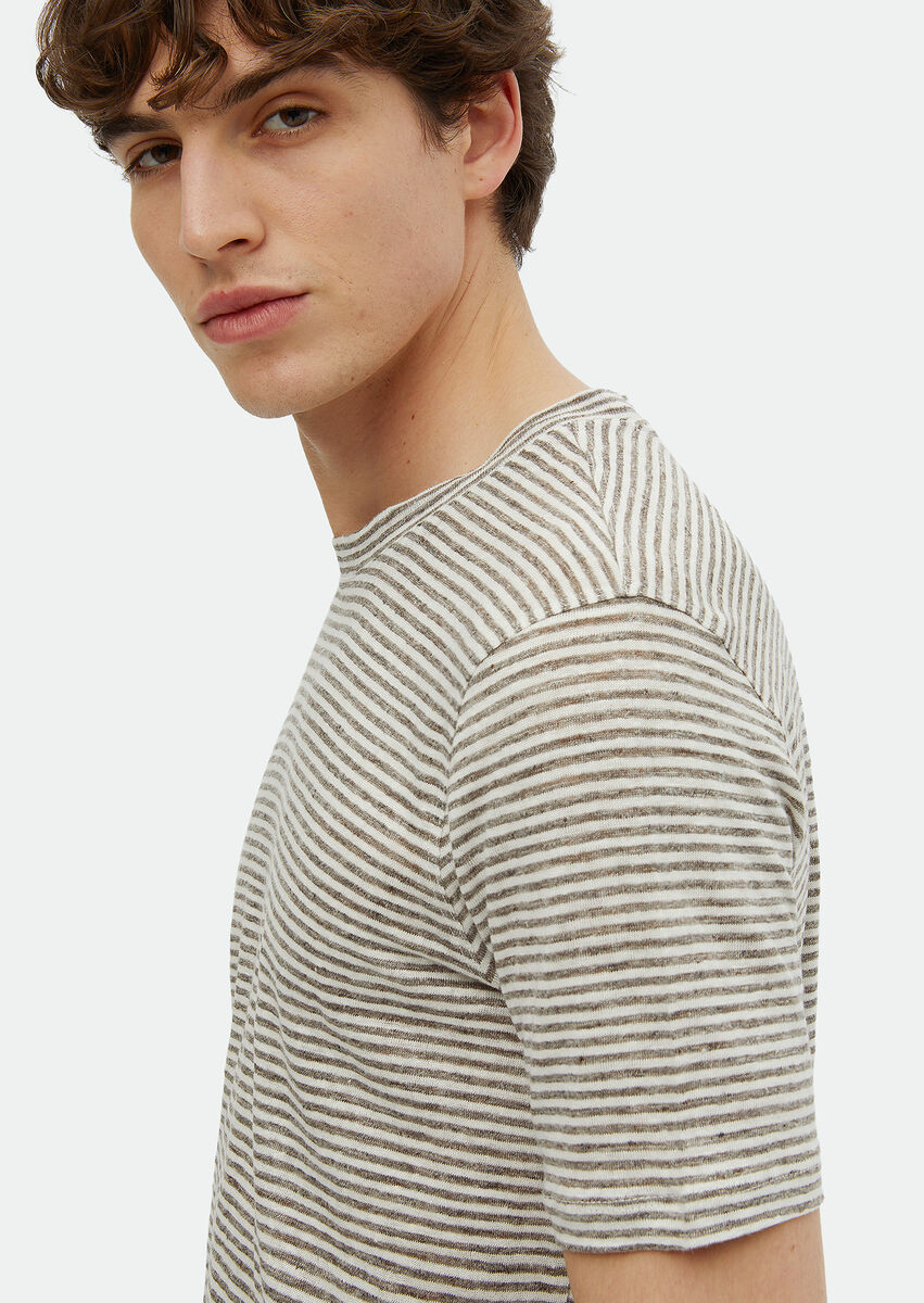 Brown Striped Crew Neck 100% Linen T-Shirt - 4