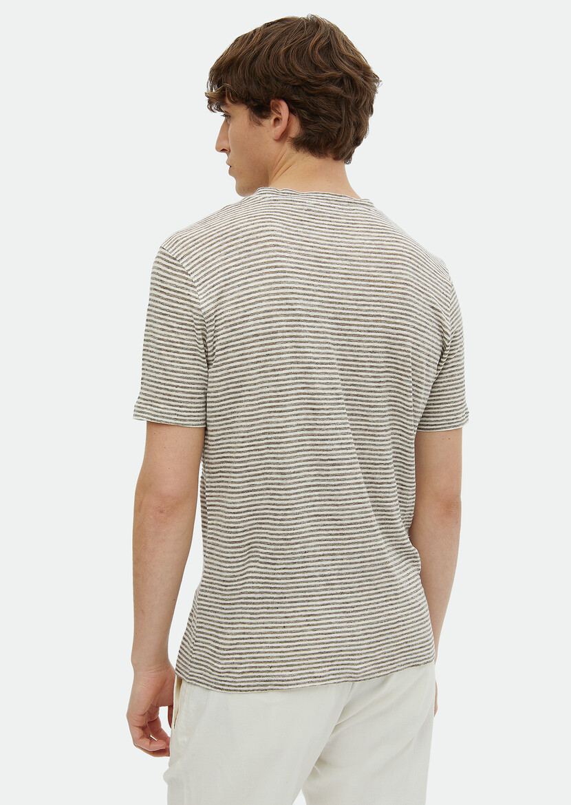 Brown Striped Crew Neck 100% Linen T-Shirt - 5