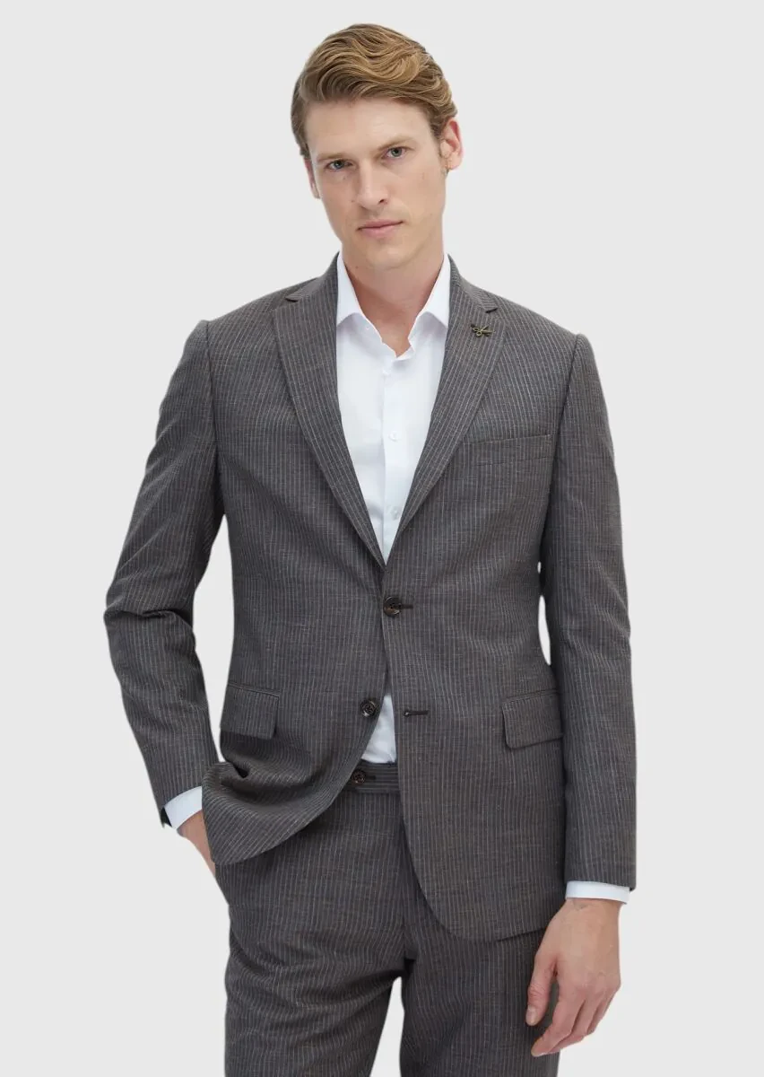 Brown Striped Regular Fit Silk Blended Suit - 1