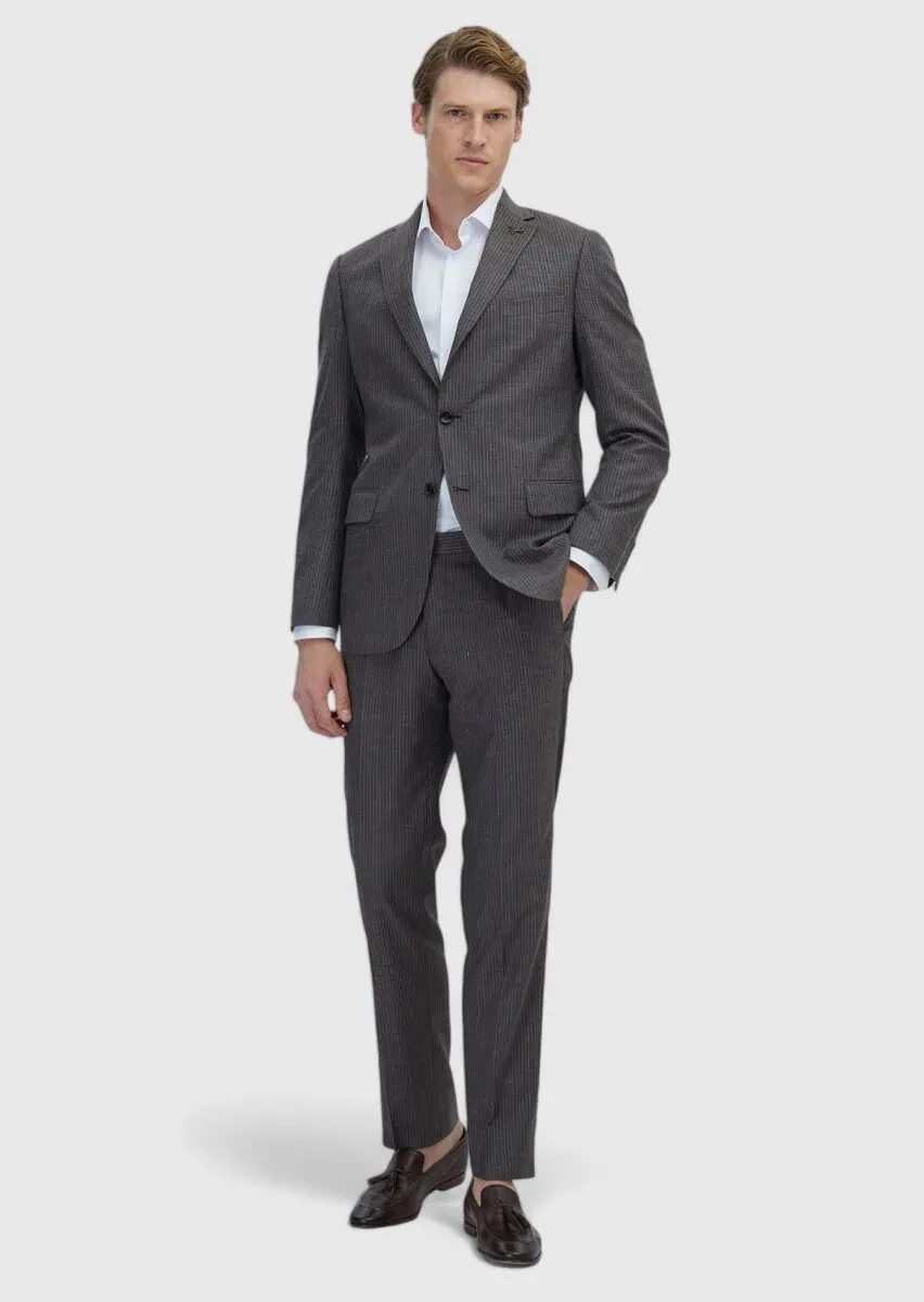 Brown Striped Regular Fit Silk Blended Suit - 2