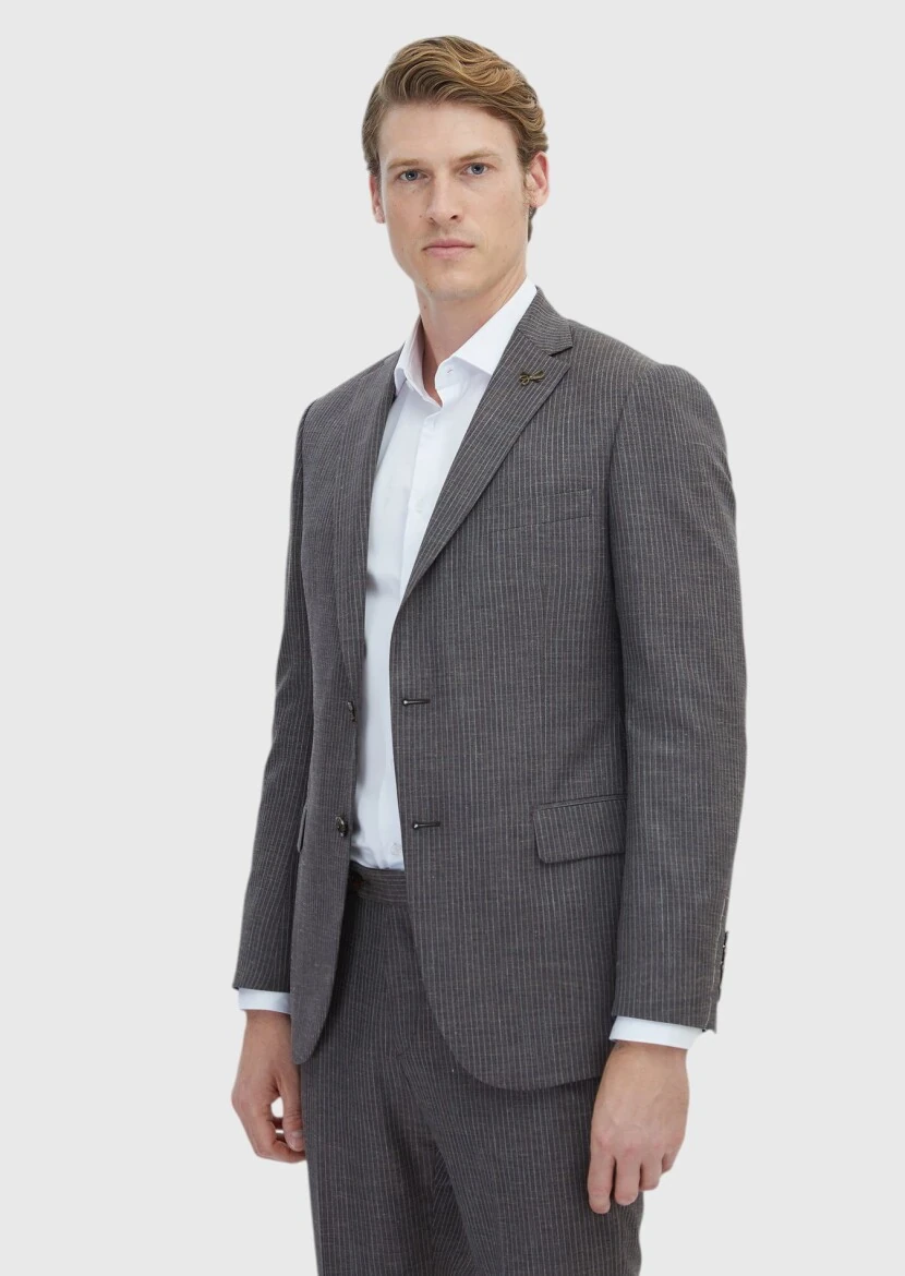 Brown Striped Regular Fit Silk Blended Suit - 3